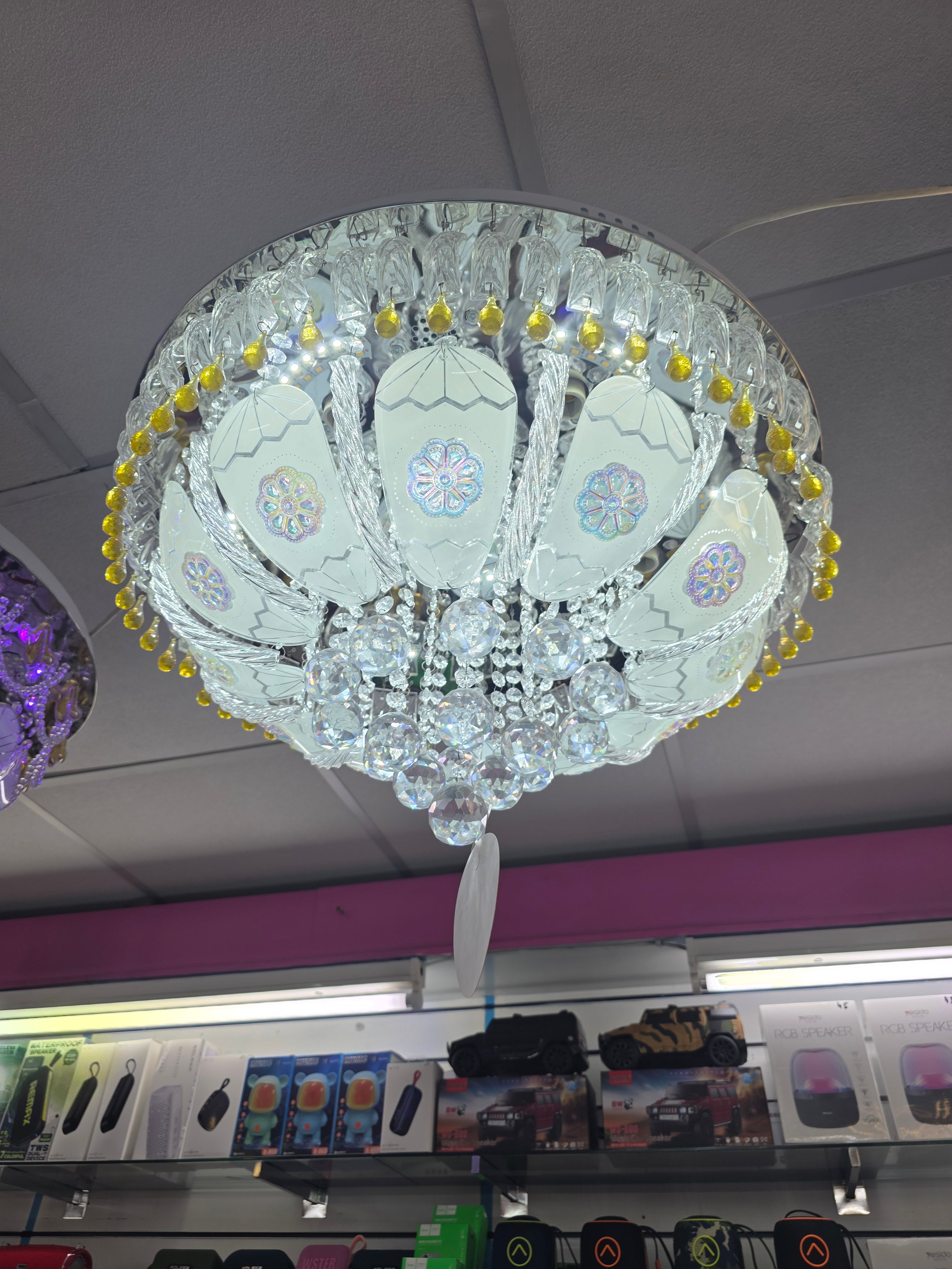 Shiny and colourful chandeliers