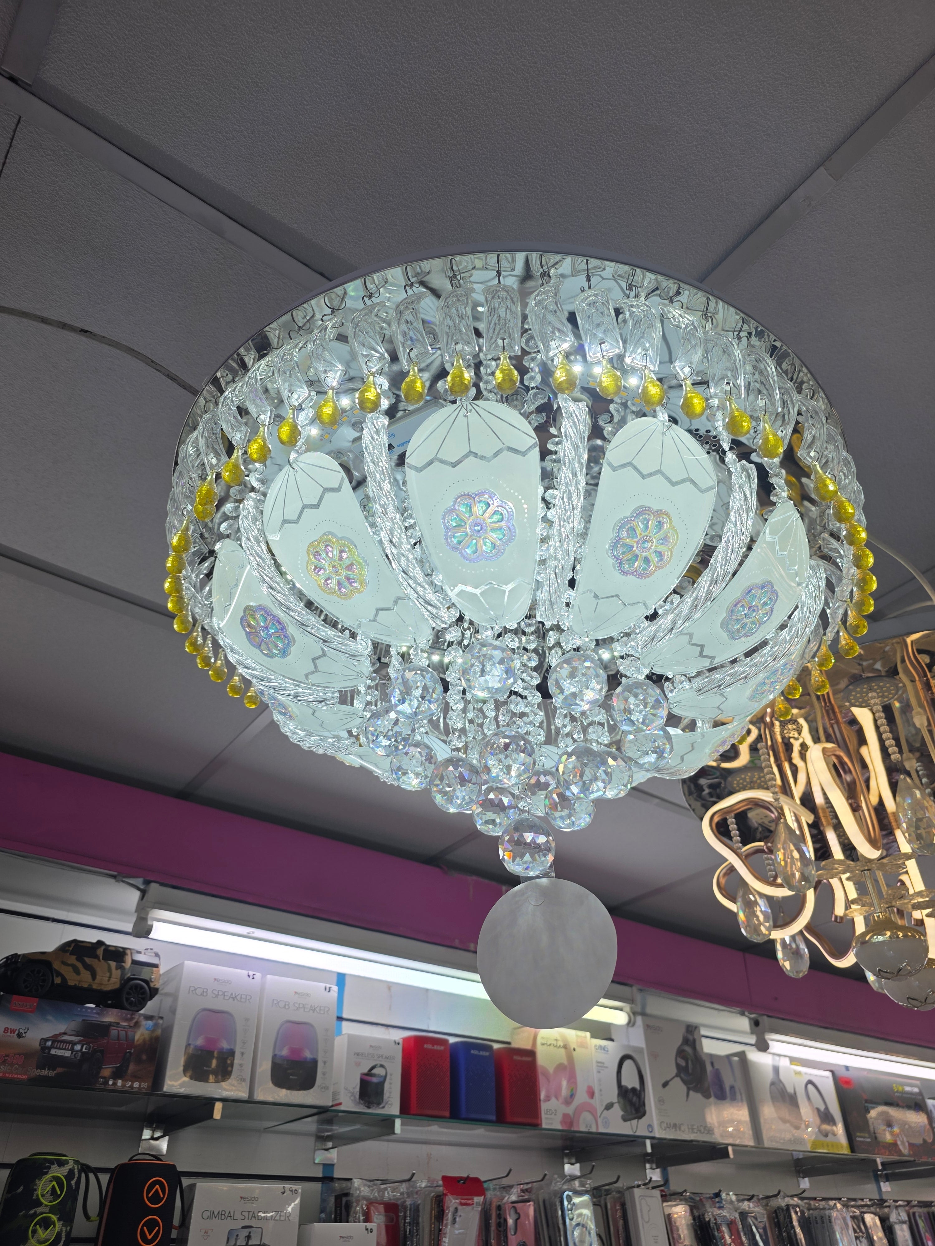 Shiny and colourful chandeliers