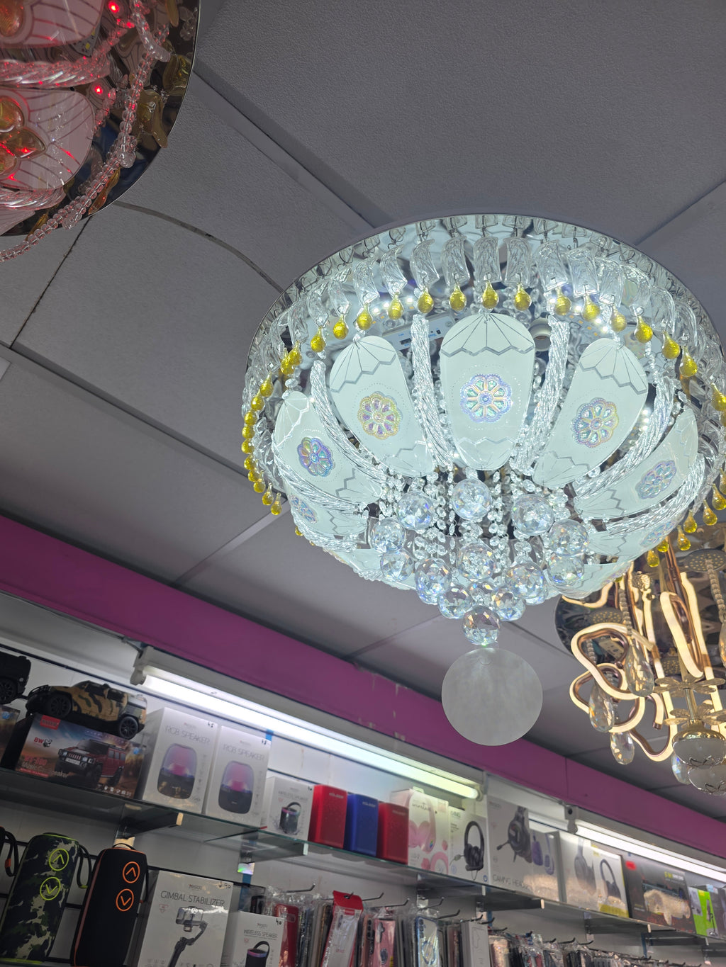 Shiny and colourful chandeliers